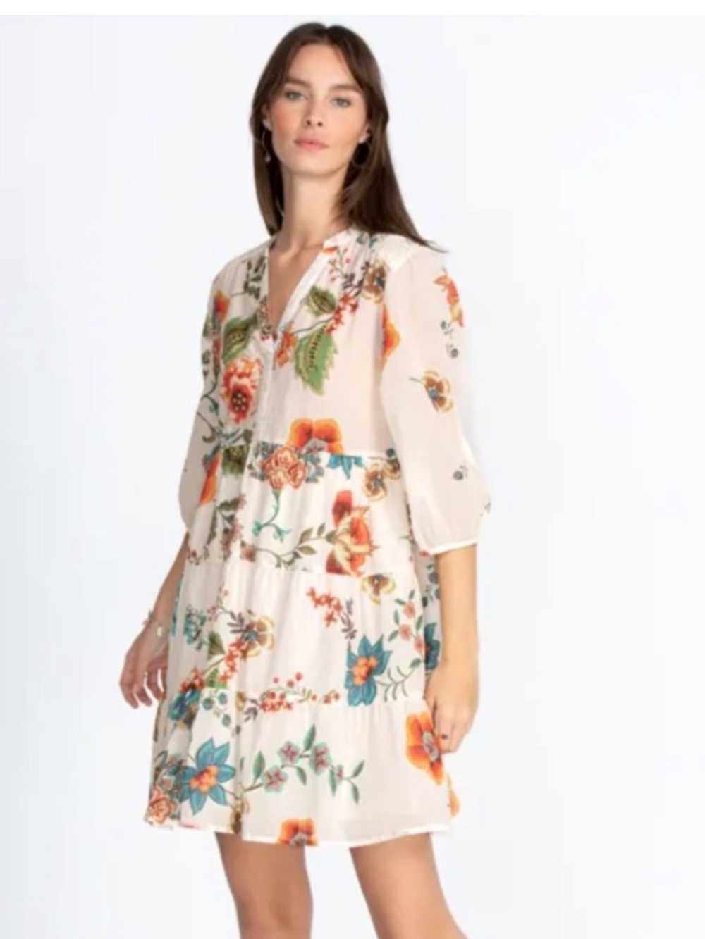 Johnny Was Ardell Dress Tiered V-Neck Whimsical Cotton Cottagecore Size Small